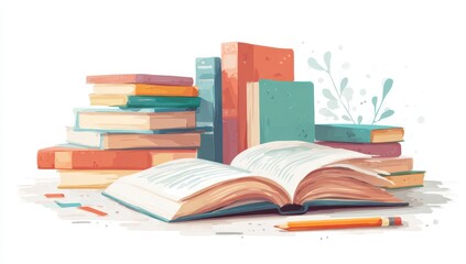 Stacked books, open book, pencil, pastel colors