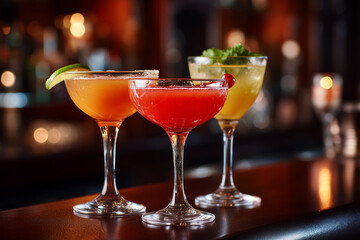 Colorful and refreshing cocktails served in elegant glasses on a bar counter with ambient lighting