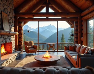 Fototapeta premium Cozy Log Cabin Living Room with Mountain View and Fireplace