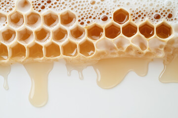 Fresh honey dripping from honeycomb with hexagon pattern showcasing organic sweet golden nature