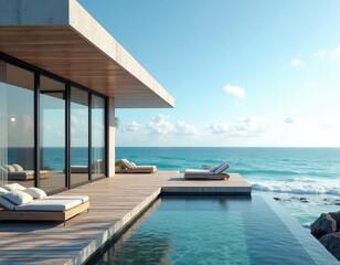 Fototapeta premium Modern Beachfront House with Infinity Pool and Ocean View