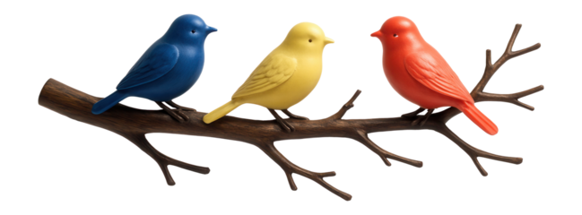 Decorative branch with small, colorful birds, great for creating a whimsical effect in a child?s playroom.