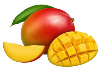 Ai generated image of ripe mango with a slice and cubed pieces isolated on transparent background