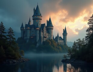 Obraz premium Majestic Fairytale Castle at Sunset on a Misty Lake