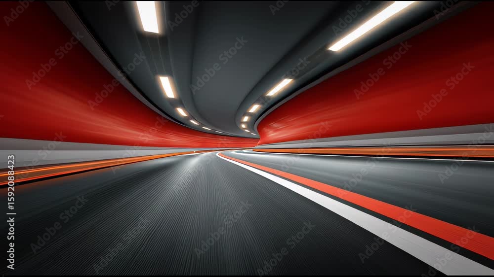Poster futuristic tunnel with red walls and bright lights showing motion blur speed curved road with dynami
