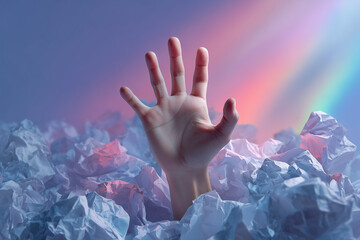 Human hand reaching out from a pile of crumpled paper symbolizing stress, overwhelm, and creative struggle with soft colorful lighting
