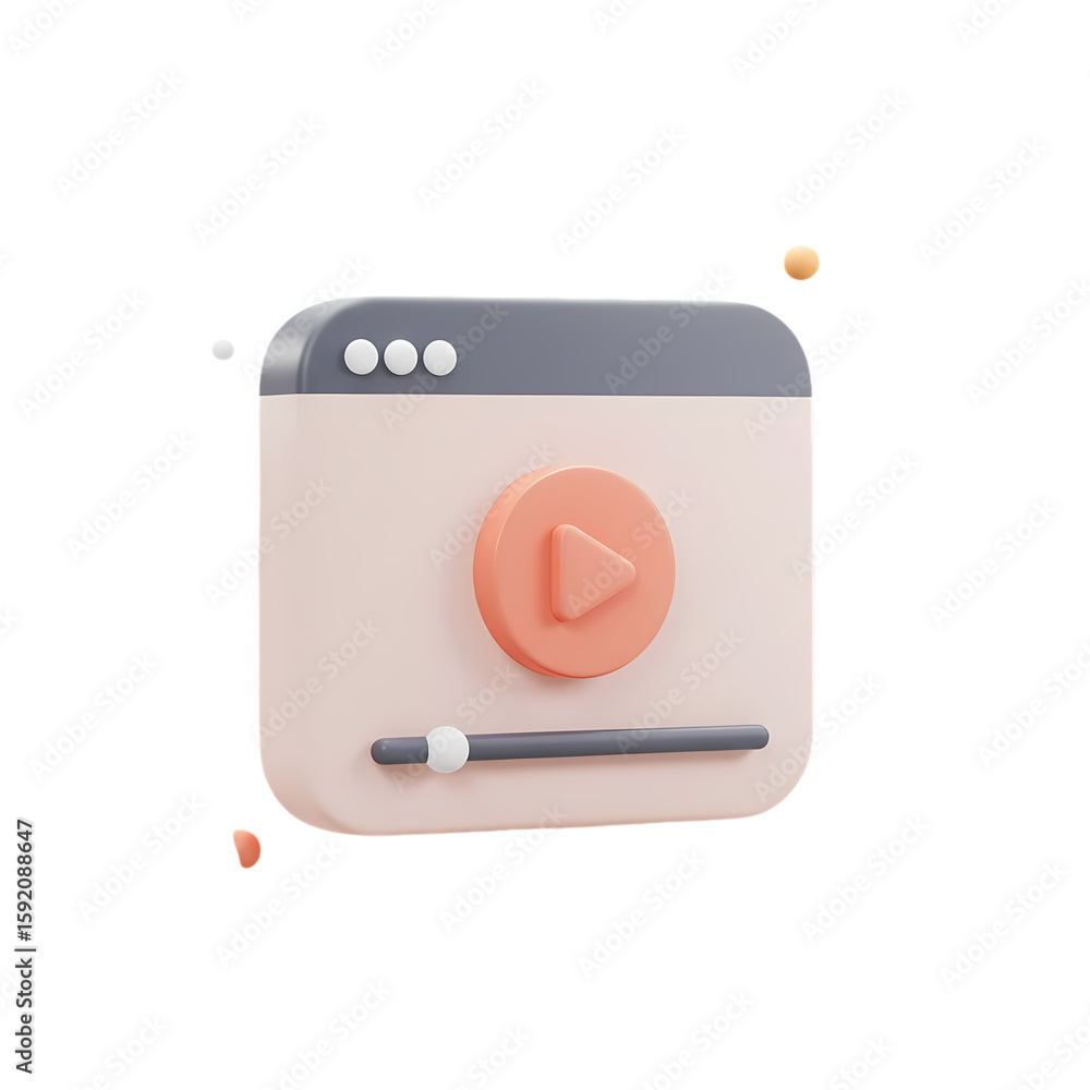 Poster 3d rendered icon of a video player interface, featuring a play button and progress bar, against a wh