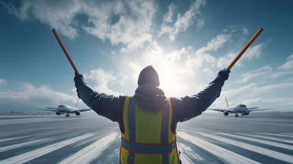Aircraft marshaller directing airplane on airport tarmac, wearing safety vest and gloves, clear sky background, aviation ground operations, professional and focused.