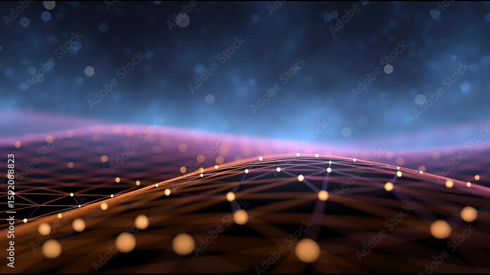 Poster digital communication network glowing nodes connecting lines create dynamic futuristic landscape wit