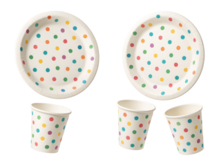 A collection of themed paper plates and cups with fun patterns for serving snacks at a birthday party in an apartment.