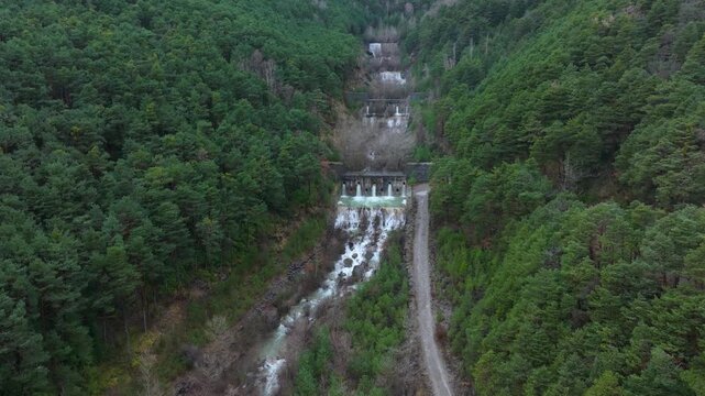 Aerial drone view of the river in the Ar&aacute;s Ravine in Biescas, Alto Gallego region, Huesca, Aragon, Spain, Europe.
