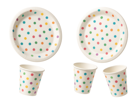 A collection of themed paper plates and cups with fun patterns for serving snacks at a birthday party in an apartment.