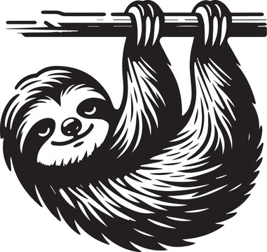 black and white sloth hanging from branch clip art preview