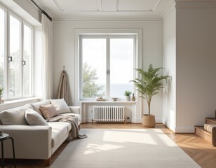 Fototapeta premium Bright Coastal Living Room Interior Design with Large Window and Beige Sofa