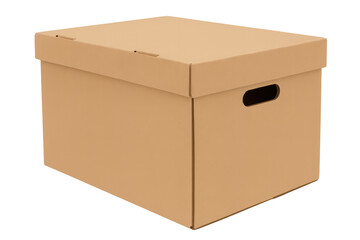 Closed cardboard box with handle holes on transparent background