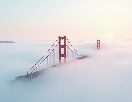 Golden Gate Bridge Emerging from Dense Fog at Sunrise in San Francisco