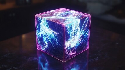 Glowing cube energy, abstract art, dark background, futuristic concept