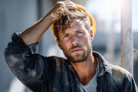 Tired construction worker wiping sweat from forehead during a sunny workday on site