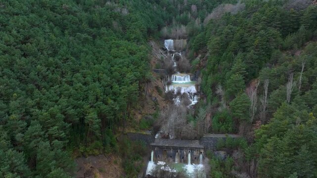 Aerial drone view of the river in the Ar&aacute;s Ravine in Biescas, Alto Gallego region, Huesca, Aragon, Spain, Europe.