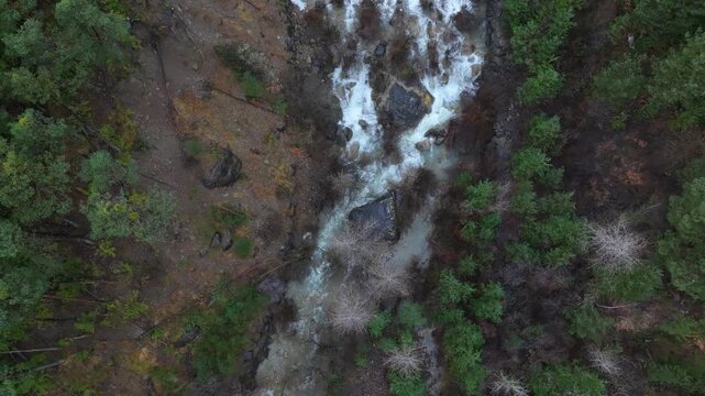 Aerial drone view of the river in the Ar&aacute;s Ravine in Biescas, Alto Gallego region, Huesca, Aragon, Spain, Europe.