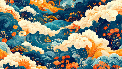 Abstract Ocean Wave Pattern with Orange and Yellow Floral Accents