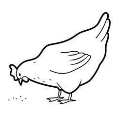 Hen pecks at the grains. Outline isolated on white background illustration. 