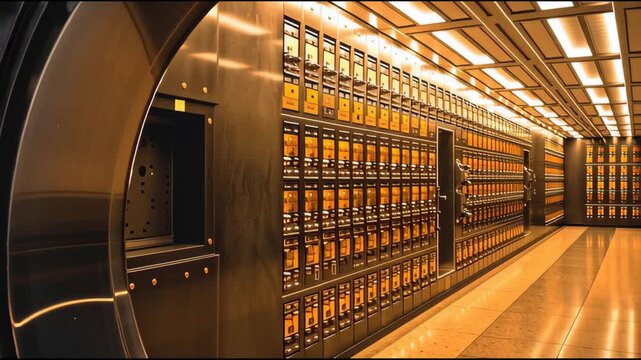 Opulent secure vault interior: a bank vault&rsquo;s heavy door open to rows of safety deposit boxes, featuring marble walls, polished floors, and intricate locking grille