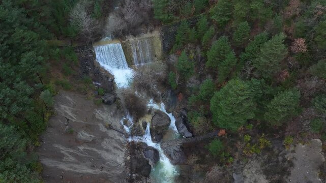 Aerial drone view of the river in the Ar&aacute;s Ravine in Biescas, Alto Gallego region, Huesca, Aragon, Spain, Europe.