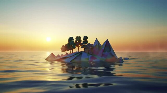Island sunset with trees and mountains in ocean animation
