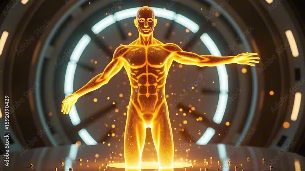 Poster a glowing humanoid figure stands in a futuristic setting emanating warm orange light amidst a dynami