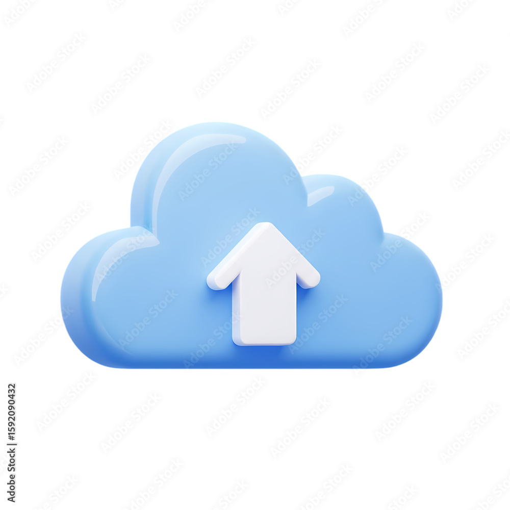 Poster a 3d rendered light blue cloud icon with a white upward-pointing arrow, symbolizing data upload or c