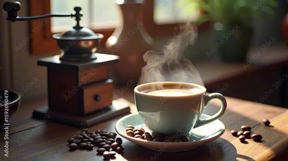 Poster a steaming cup of coffee rests on a saucer surrounded by coffee beans and a grinder with warm sunlig