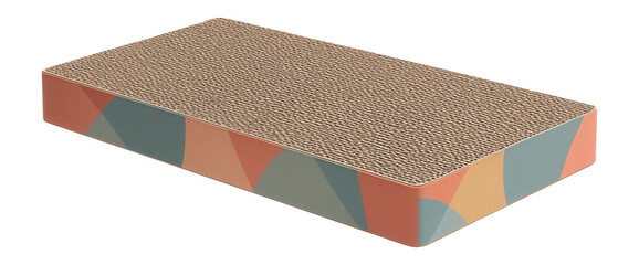Flat scratching board for an apartment, made of corrugated cardboard with a colorful pattern.
