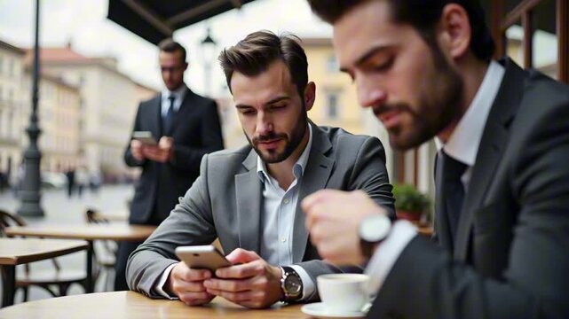 Two well-dressed men one with a smartphone and the other engaged in conversation while a third man observes from behind at an outdoor cafe