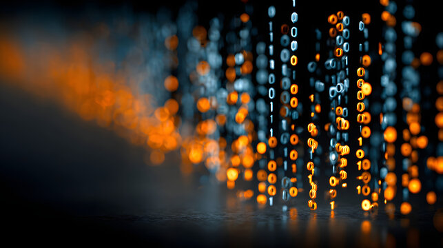 Long line of binary code is displayed in a blue and orange color scheme. Concept of technology and complexity, as the binary code represents the fundamental building blocks of digital information