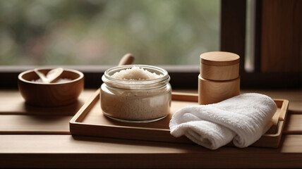 Flat lay of glass jar with unlabelled body scrub, wooden spoon and white rolled towel on wooden tray in sauna room