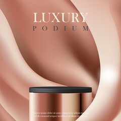3D Luxury cosmetic podium with rose gold fabric background for advertising skincare brand, beauty ads, product display mockup, elegant website, discount promotion sale, wellness campaign. vector