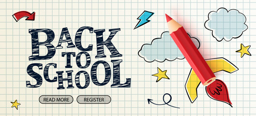 Back to School. Digital internet tutorials and courses, online education, e-learning. Web banner template for website, landing page and mobile app development. Doodle style.