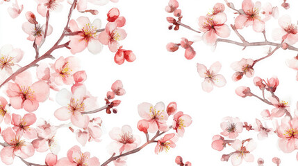 Watercolor painting seamless floral pattern blooming pink flowers on branches