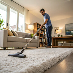 Man Vacuuming Carpet in Modern Living Room, Household Cleaning and Chores

