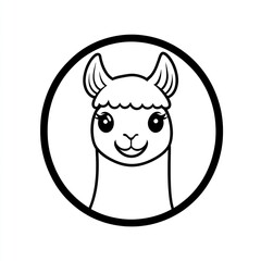 Cute llama face in a circle.  Simple black line art