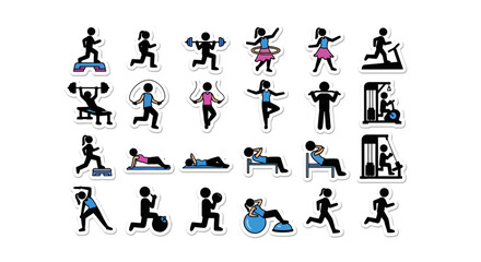 Fototapeta premium Collection of stick figure icons depicting various exercises and fitness activities, including weightlifting, running, yoga, and using gym equipment.