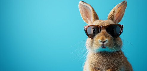 Cute rabbit wearing sunglasses against a blue background, showcasing fashion and style trends