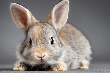 Obraz premium Closeup of a light brown and gray rabbit with large ears seated on a gray surface