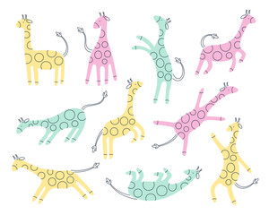 Playful minimalist cartoon giraffes in various bright colors and poses