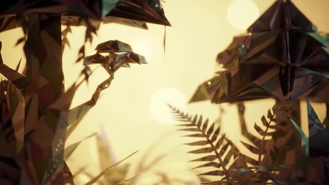 Low poly forest scene with mushrooms and trees animation art
