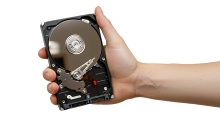 Holding hard disk drive in hand for data storage concept