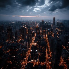 Cityscape at Night with Dramatic Cloudy Sky and Lights