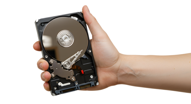 Holding hard disk drive in hand for data storage concept