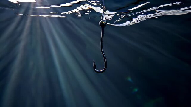 Fishing hook underwater with sun rays breaking through surface, minimalist marine scene symbolizing patience, sport and quiet focus in peaceful aquatic environment